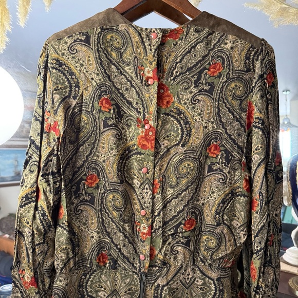 Raoul Black, Sage Green, and Orange Floral Paisley Long Sleeve Drop Waist Dress - Picture 11 of 13